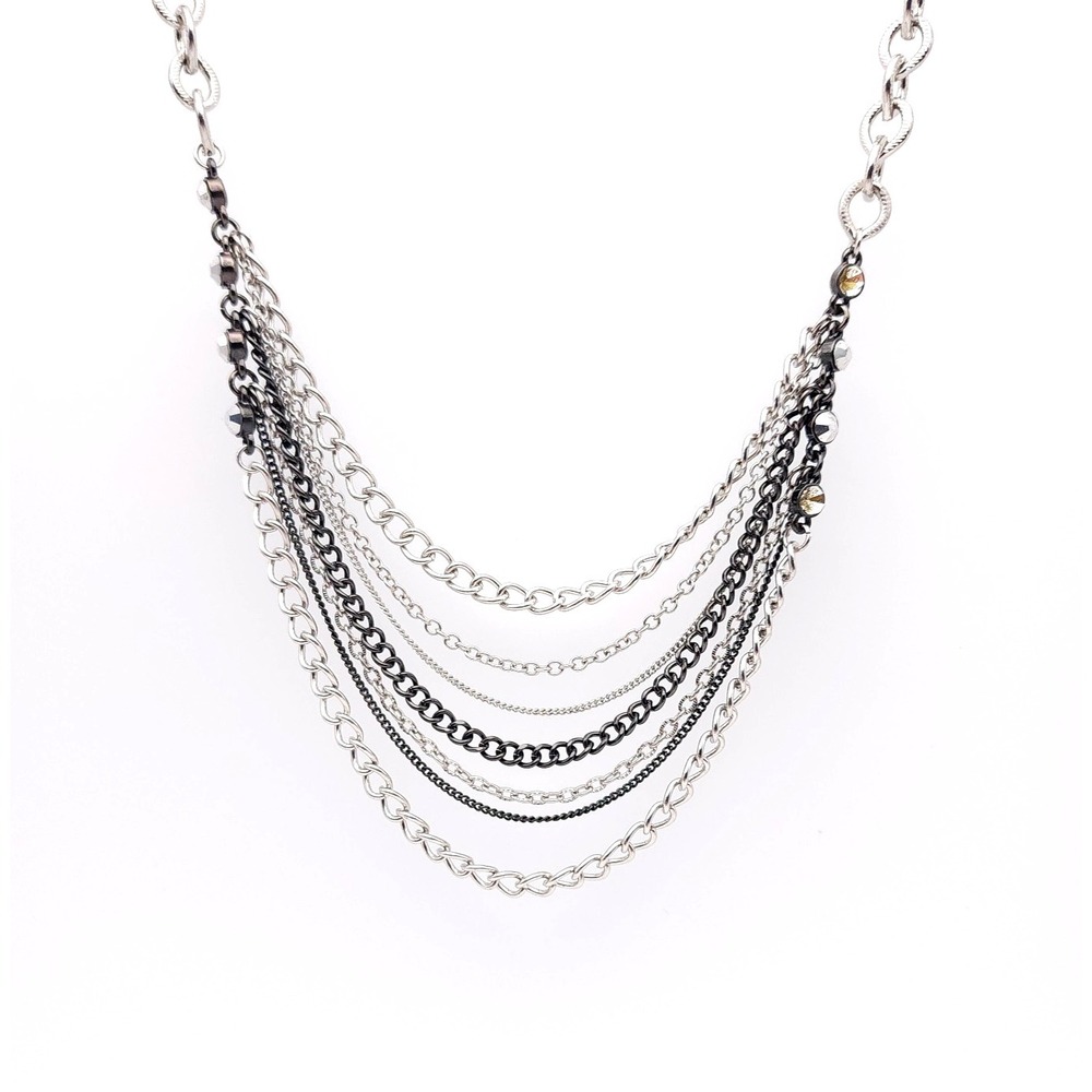 Silver Black Layered‎ Chain Necklace Statement Modern Boho
